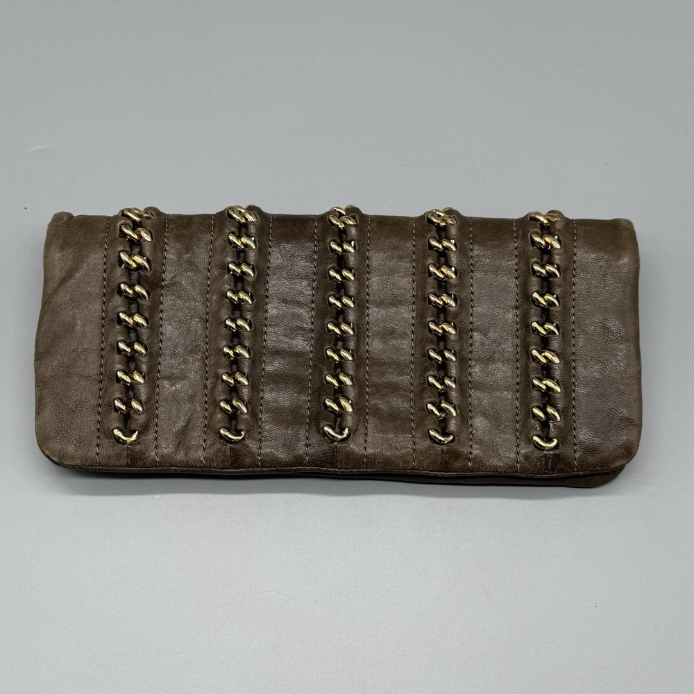 Tory Burch Brown Leather Clutch Wallet Gold Chain‎ Link Accent Zip Pouch Luxury